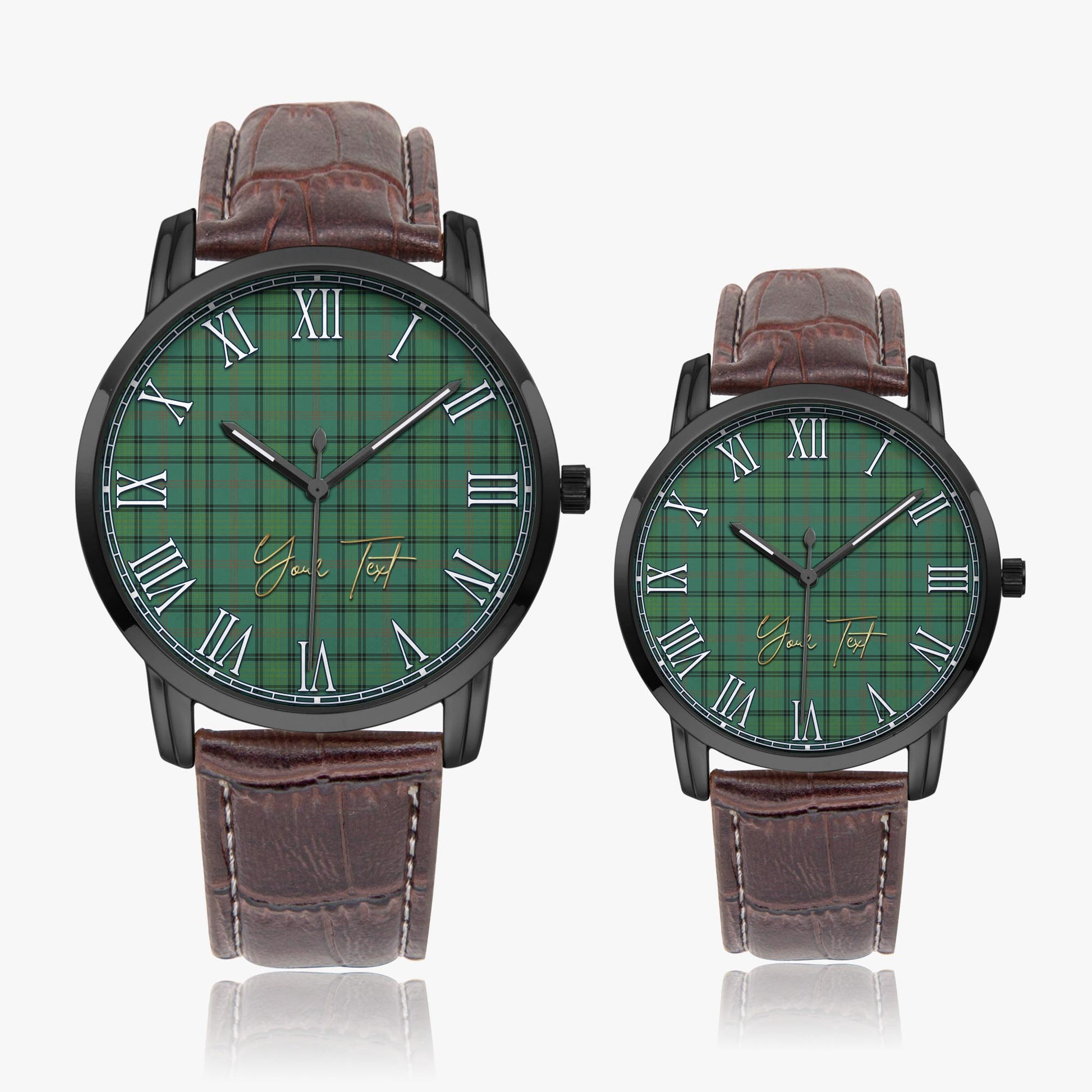 Ross Hunting Ancient Tartan Personalized Your Text Leather Trap Quartz Watch Wide Type Black Case With Brown Leather Strap - Tartanvibesclothing