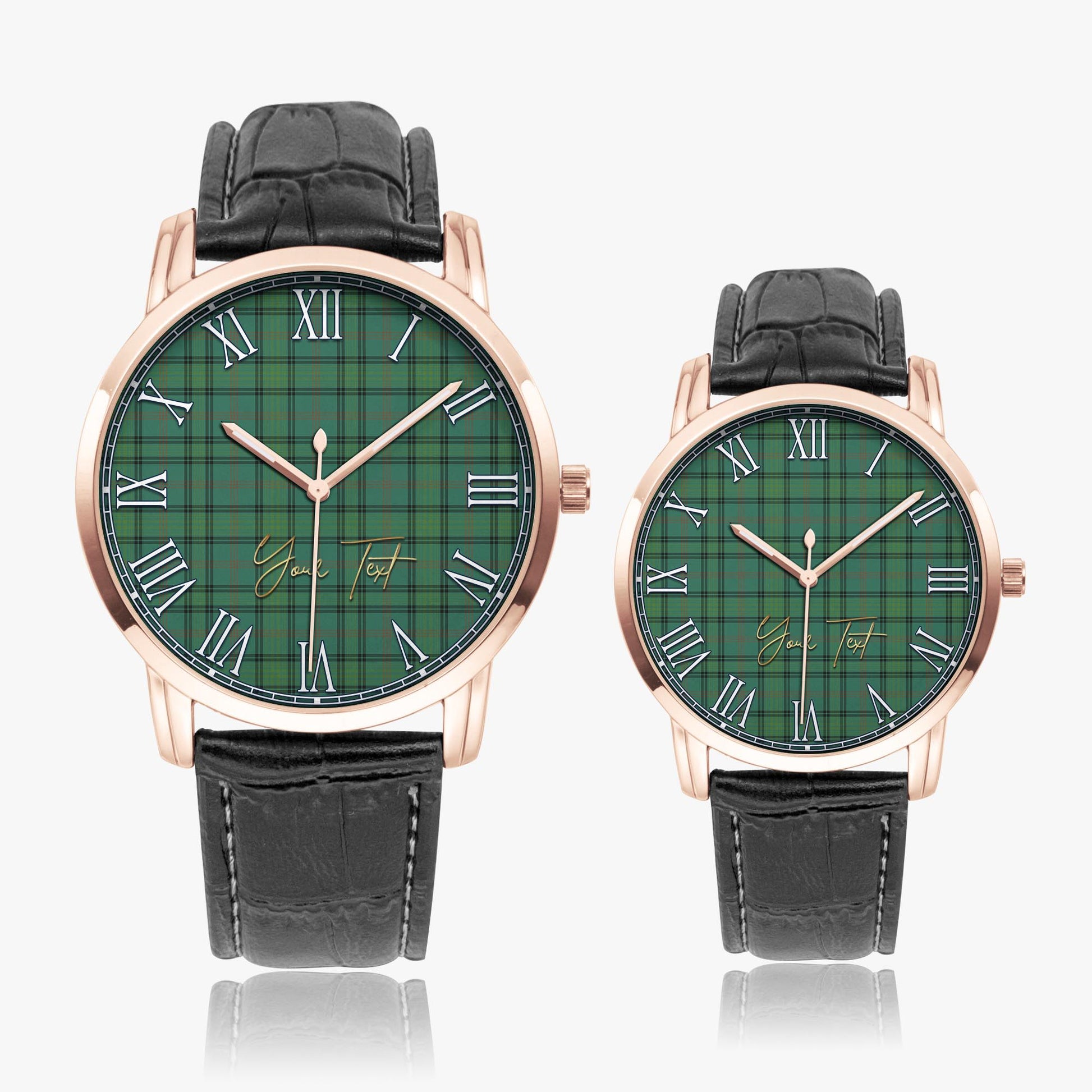Ross Hunting Ancient Tartan Personalized Your Text Leather Trap Quartz Watch Wide Type Rose Gold Case With Black Leather Strap - Tartanvibesclothing