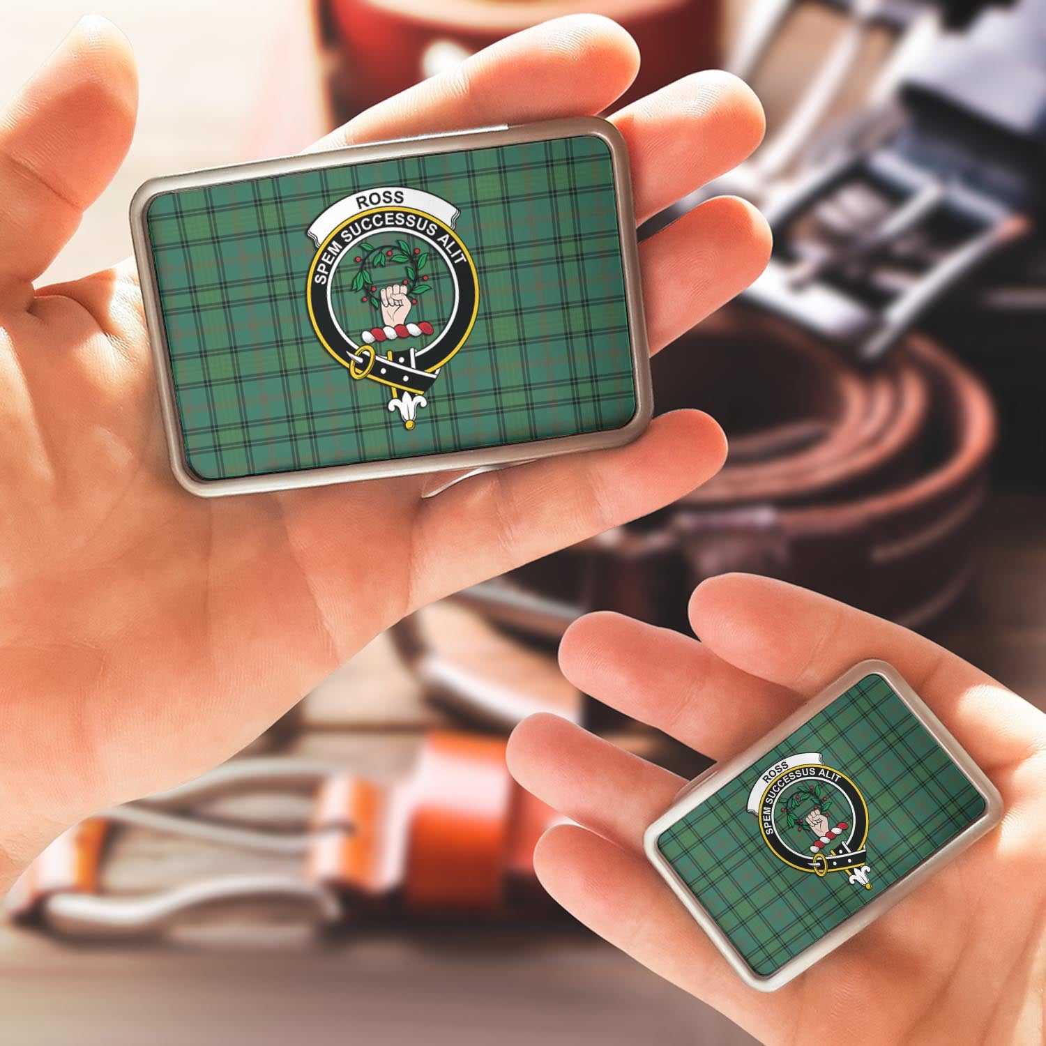 Ross Hunting Ancient Tartan Belt Buckles with Family Crest - Tartanvibesclothing Shop
