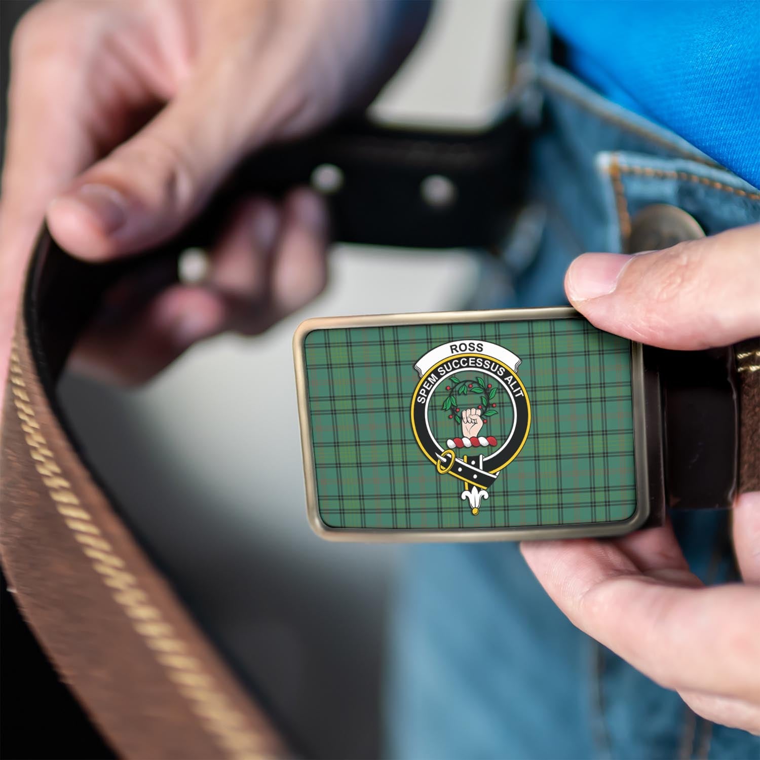 Ross Hunting Ancient Tartan Belt Buckles with Family Crest - Tartanvibesclothing Shop