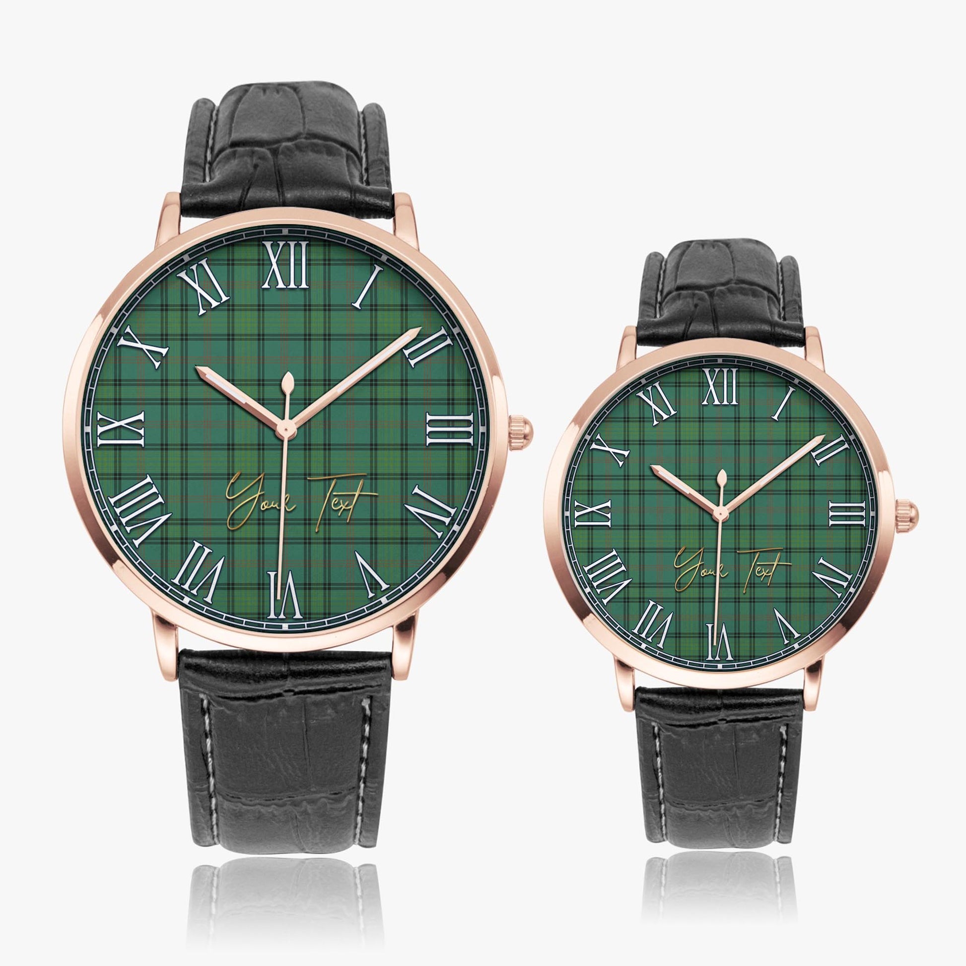 Ross Hunting Ancient Tartan Personalized Your Text Leather Trap Quartz Watch Ultra Thin Rose Gold Case With Black Leather Strap - Tartanvibesclothing
