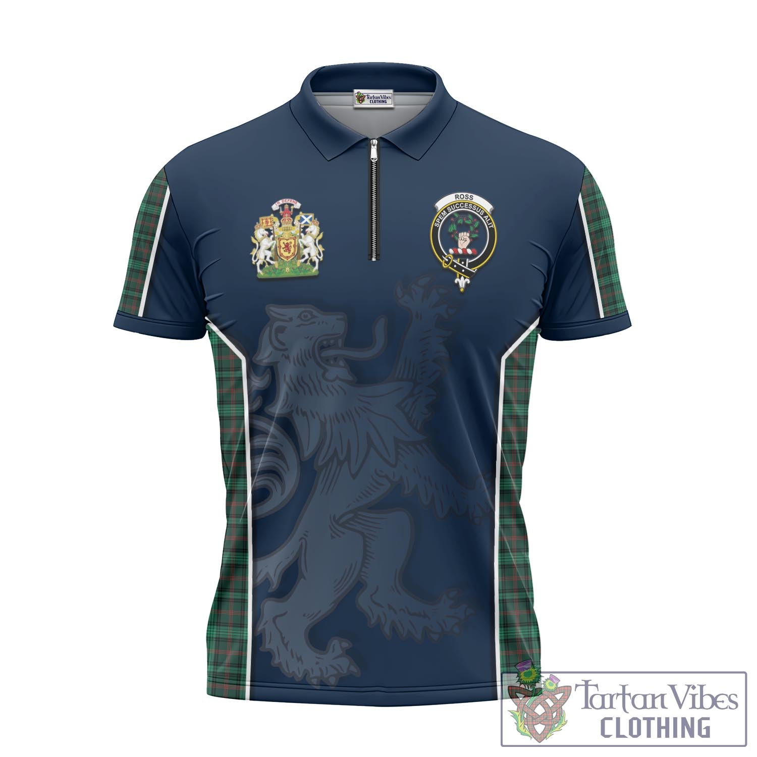 Tartan Vibes Clothing Ross Hunting Modern Tartan Zipper Polo Shirt with Family Crest and Lion Rampant Vibes Sport Style