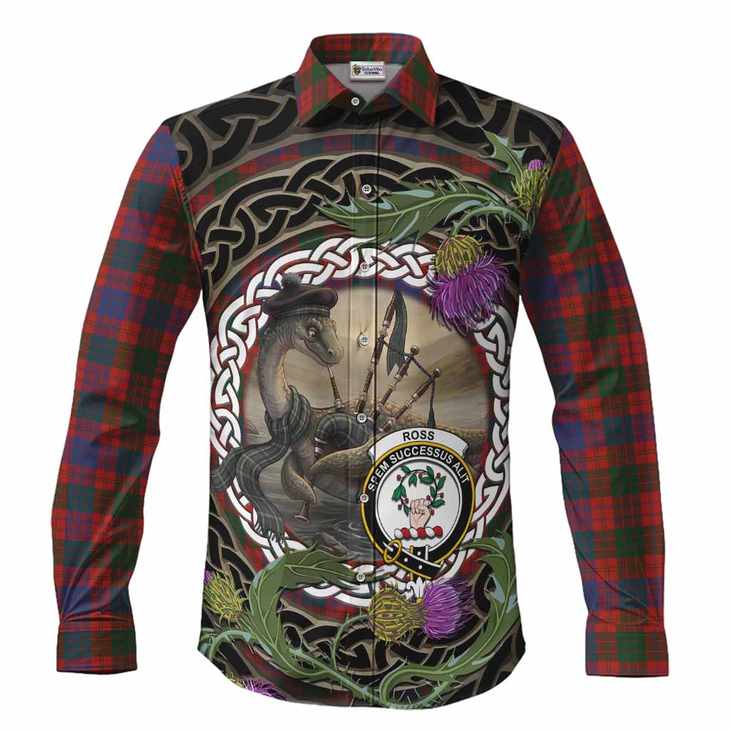 Ross Tartan Crest Bagpipe Nessie Long Sleeve Button Shirts Scottish Loch Ness Monster Celtic Thistle