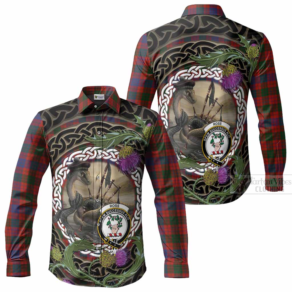 Ross Tartan Crest Bagpipe Nessie Long Sleeve Button Shirts Scottish Loch Ness Monster Celtic Thistle