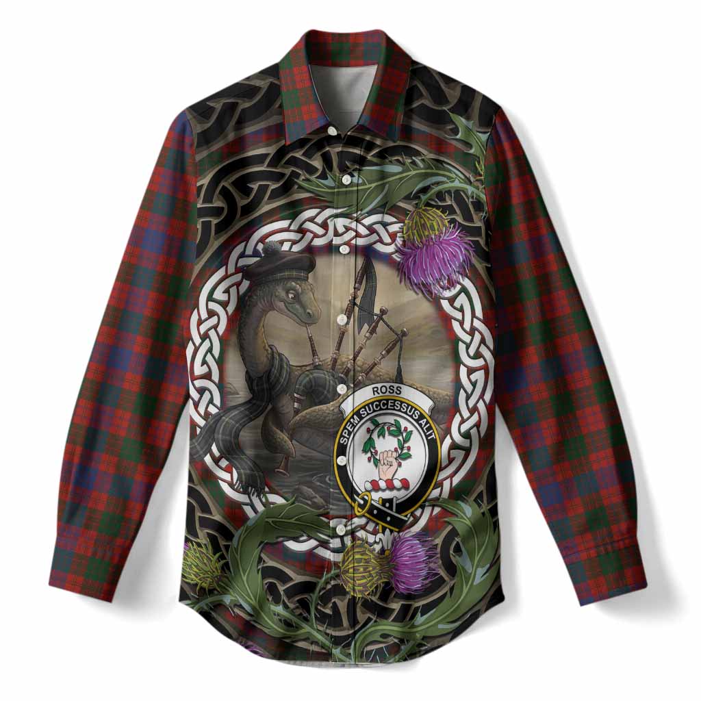 Ross Tartan Crest Bagpipe Nessie Women Casual Shirt Scottish Loch Ness Monster Celtic Thistle