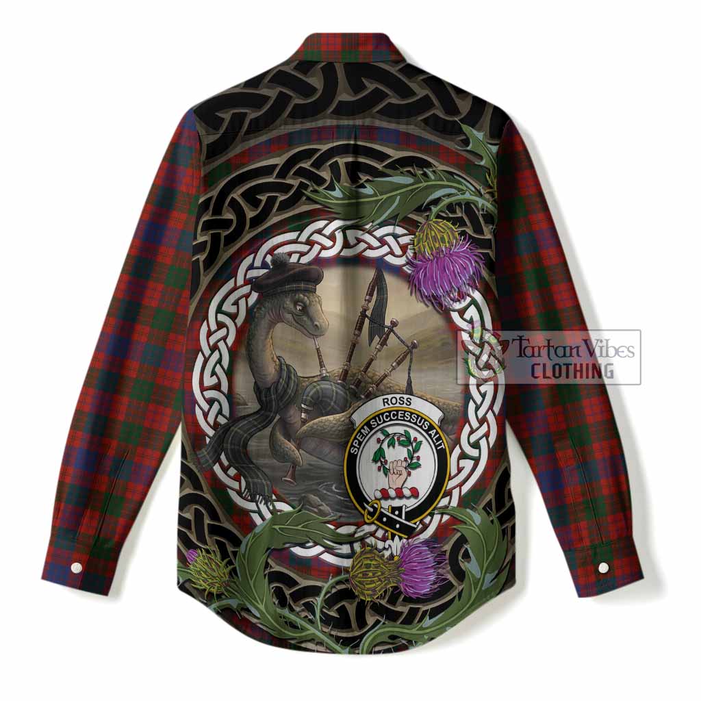 Ross Tartan Crest Bagpipe Nessie Women Casual Shirt Scottish Loch Ness Monster Celtic Thistle