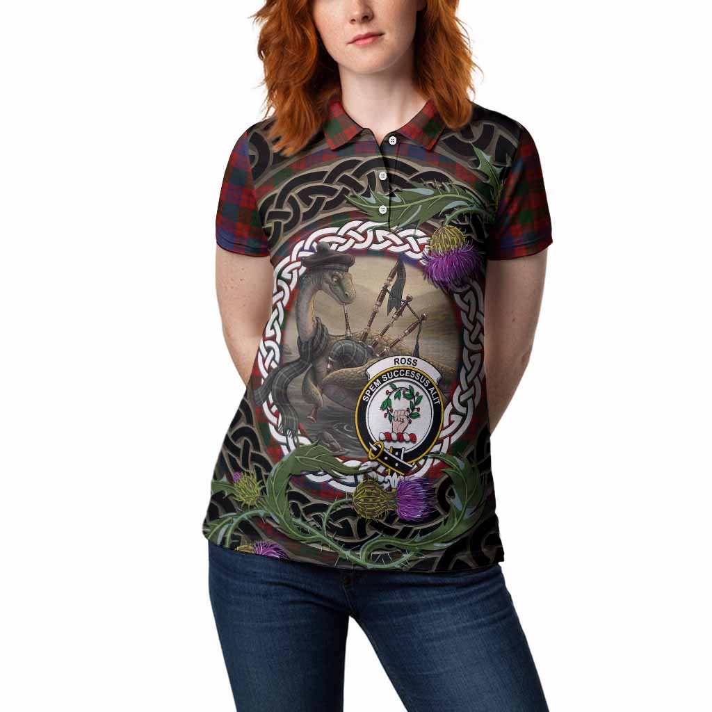 Ross Tartan Crest Bagpipe Nessie Women Polo Shirt Scottish Loch Ness Monster Celtic Thistle