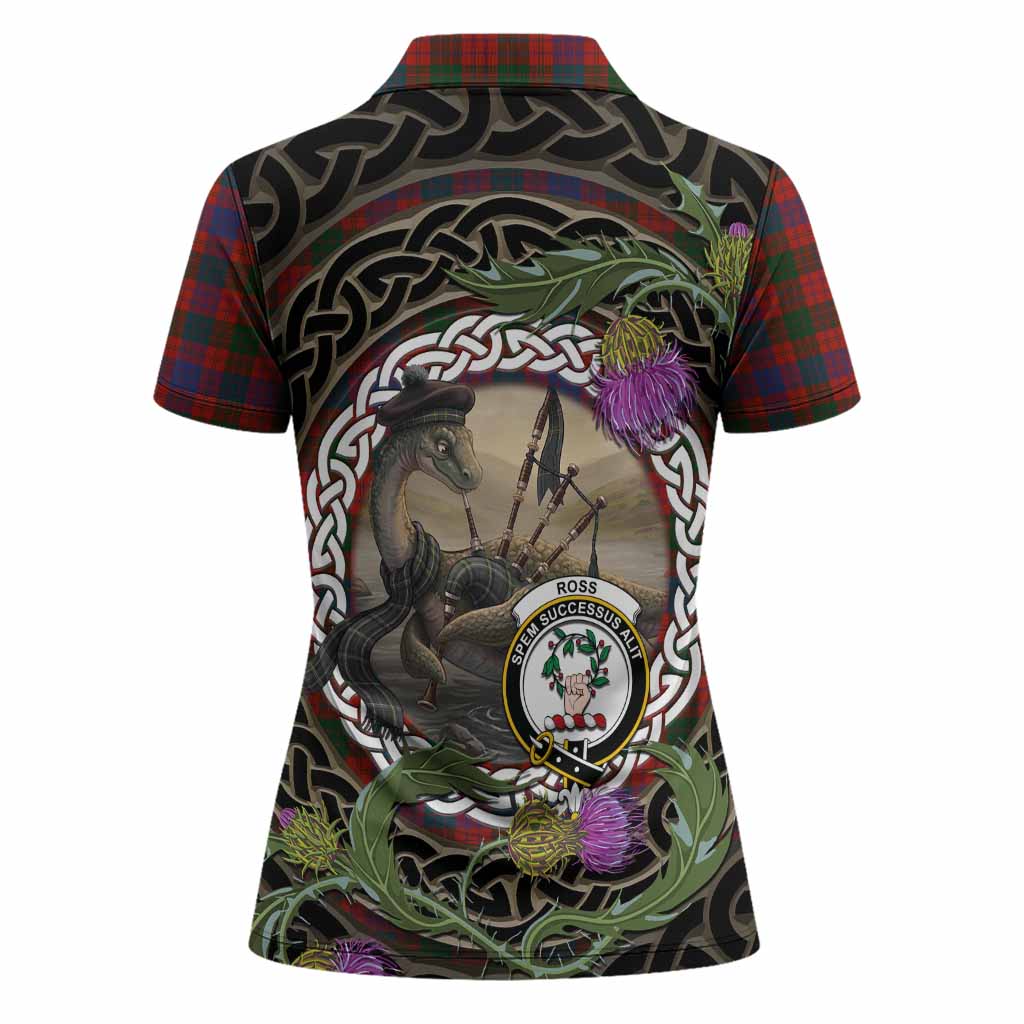 Ross Tartan Crest Bagpipe Nessie Women Polo Shirt Scottish Loch Ness Monster Celtic Thistle