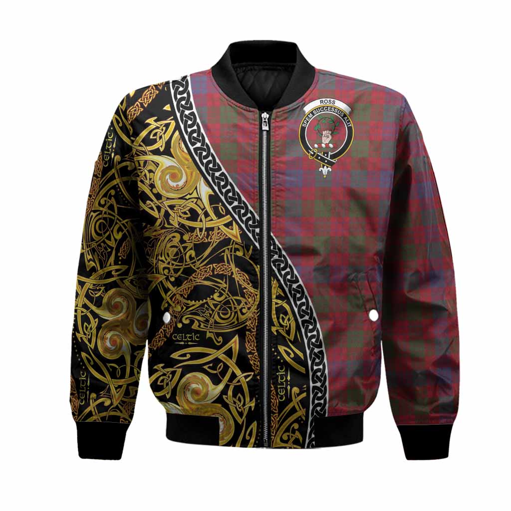 Ross Tartan Crest Bomber Jacket Celtic Knot and Triple Trickle Spiral Symbols