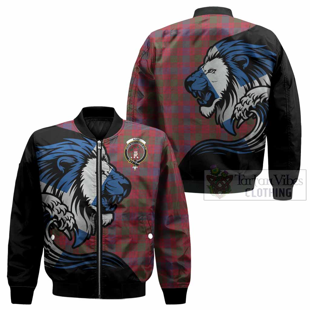 Ross Tartan Crest Bomber Jacket Scottish Golden Lions Wave Flow