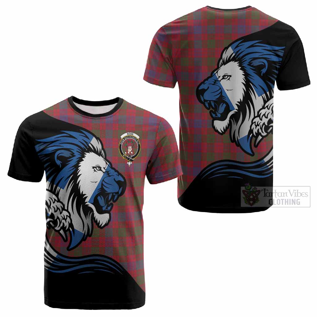 Ross Tartan Crest Cotton T-shirt Scottish Golden Lions Wave Flow
