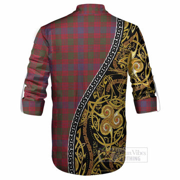 Ross Tartan Crest Ghillie Shirt Celtic Knot and Triple Trickle Spiral Symbols