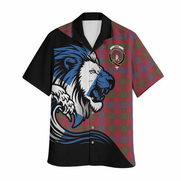 Ross Tartan Crest Hawaiian Shirt Scottish Golden Lions Wave Flow