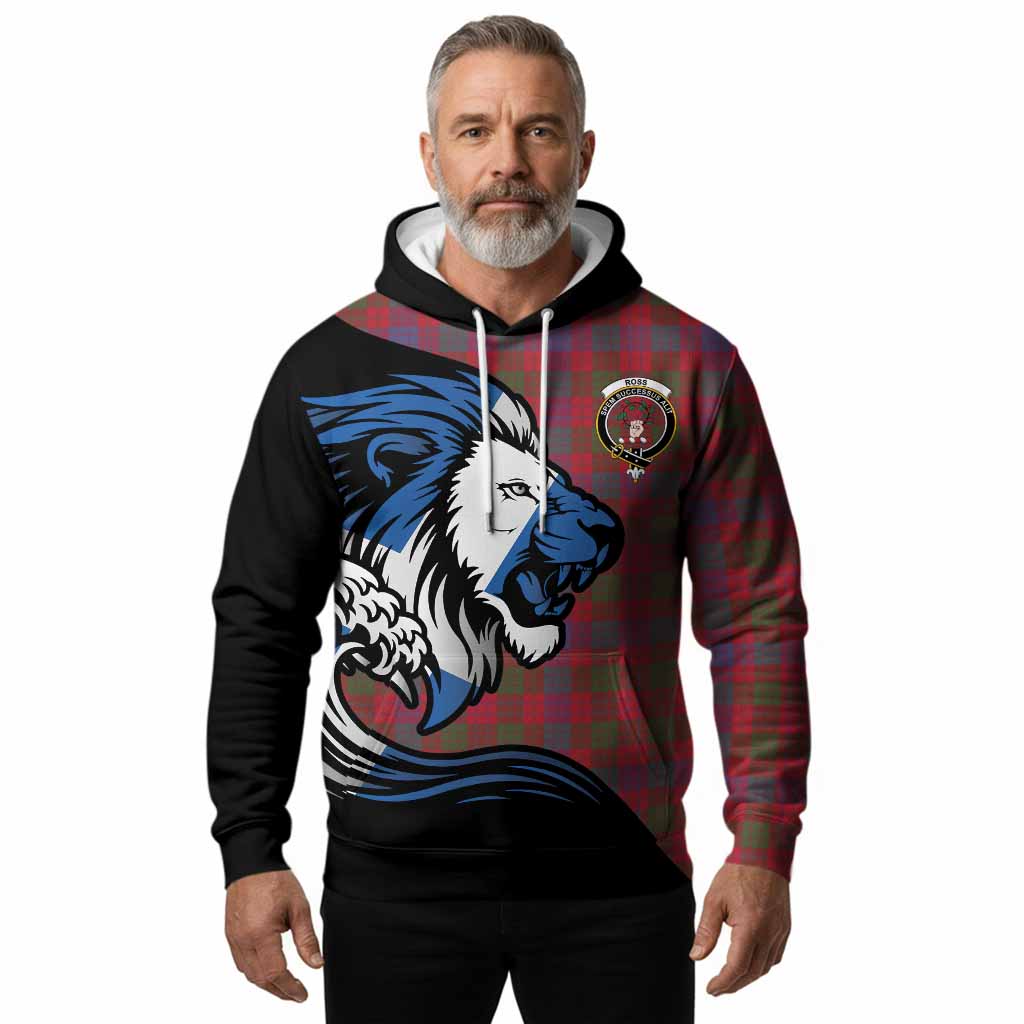 Ross Tartan Crest Hoodie Scottish Golden Lions Wave Flow
