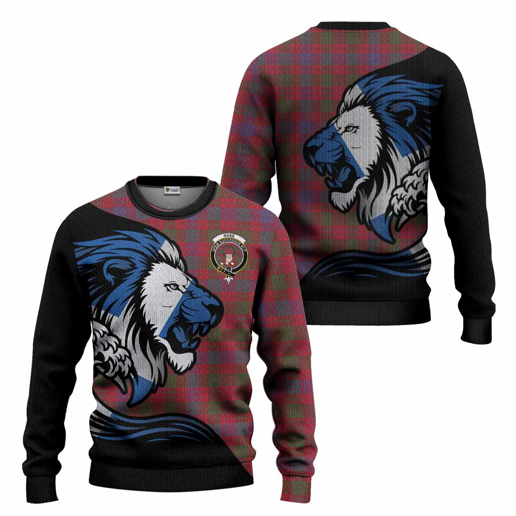 Ross Tartan Crest Knitted Sweater Scottish Golden Lions Wave Flow