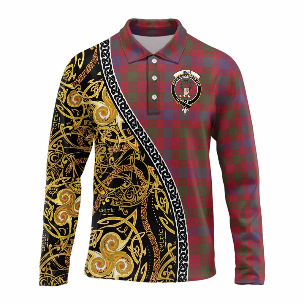 Ross Tartan Crest Long Sleeve Polo Shirt Celtic Knot and Triple Trickle Spiral Symbols