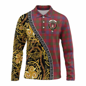 Ross Tartan Crest Long Sleeve Polo Shirt Celtic Knot and Triple Trickle Spiral Symbols