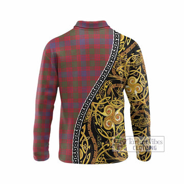 Ross Tartan Crest Long Sleeve Polo Shirt Celtic Knot and Triple Trickle Spiral Symbols