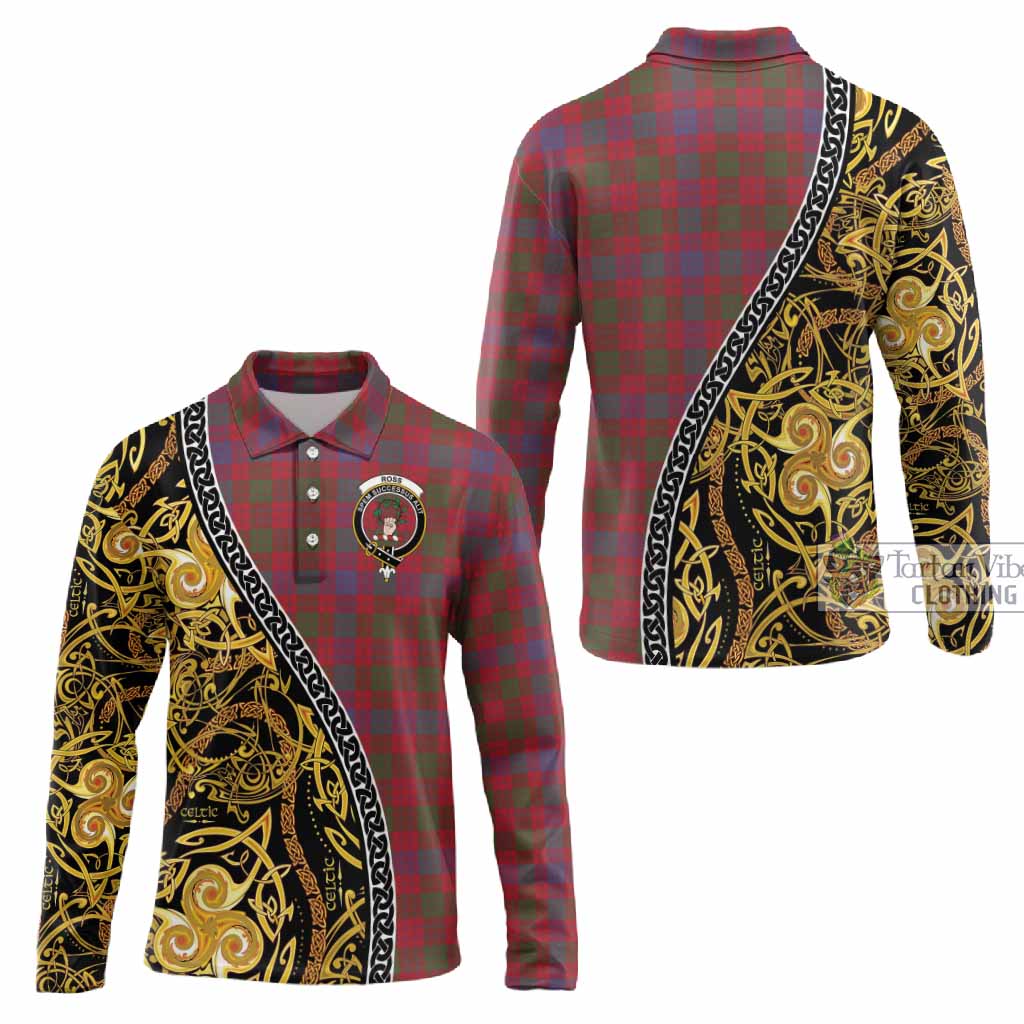 Ross Tartan Crest Long Sleeve Polo Shirt Celtic Knot and Triple Trickle Spiral Symbols