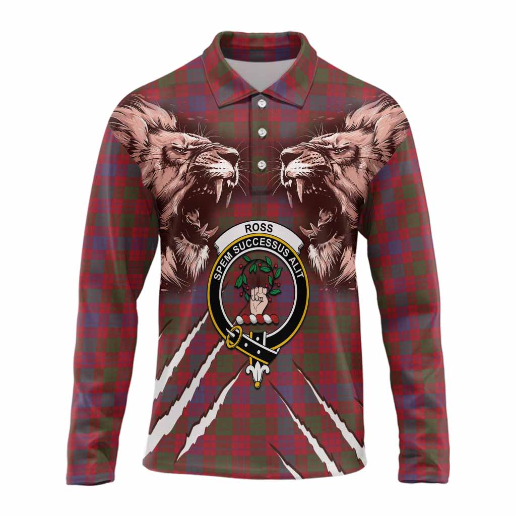 Ross Tartan Crest Long Sleeve Polo Shirt Ferocious Lion Style