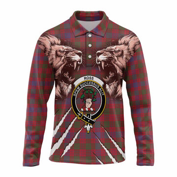 Ross Tartan Crest Long Sleeve Polo Shirt Ferocious Lion Style