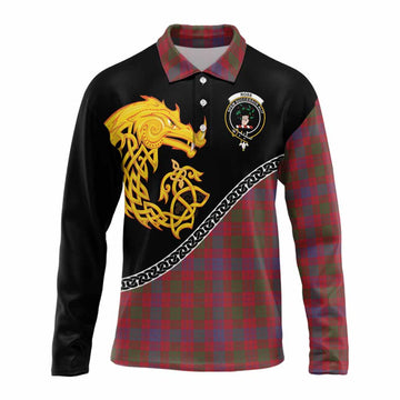 Ross Tartan Crest Long Sleeve Polo Shirt Legendary Dragon Knot Half Style