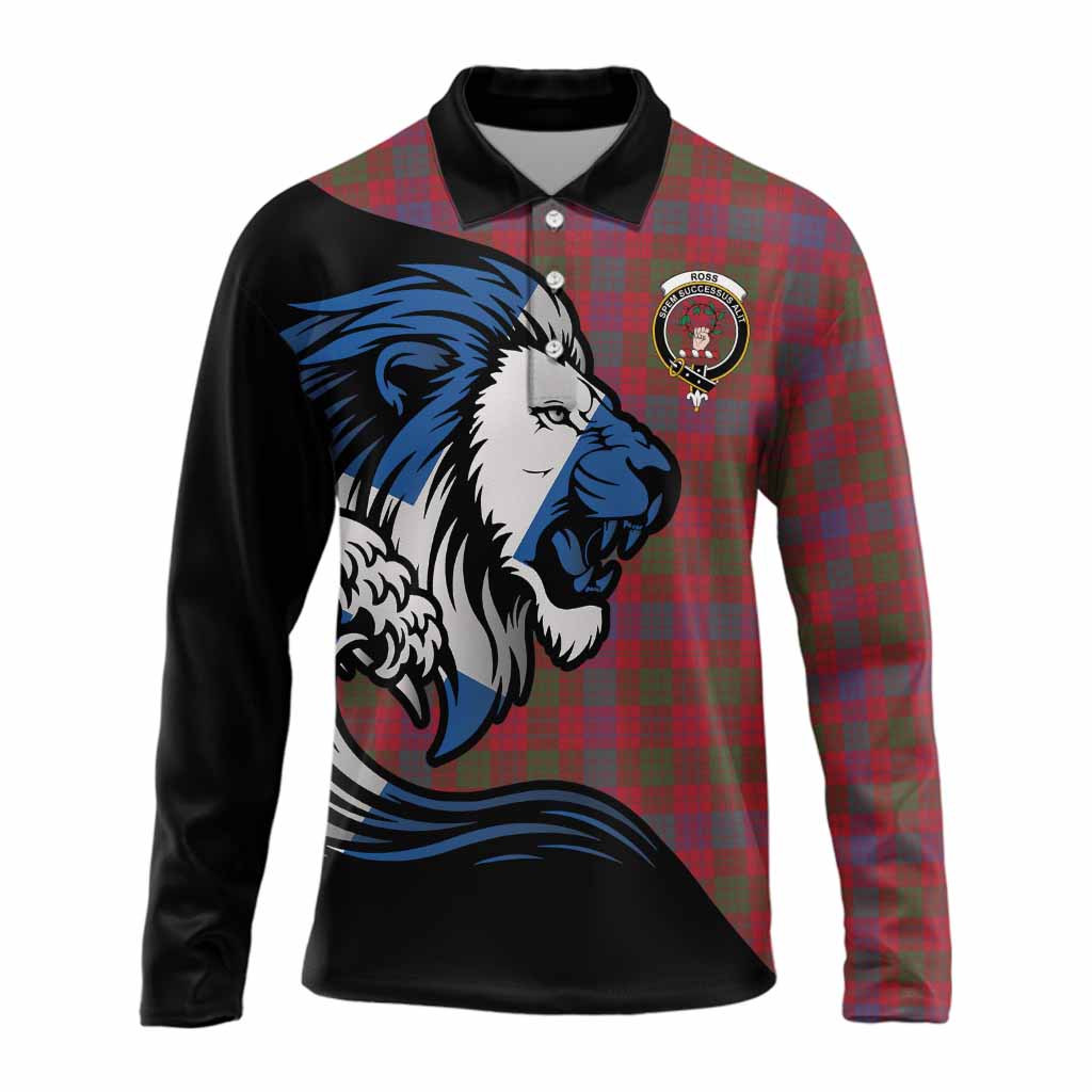 Ross Tartan Crest Long Sleeve Polo Shirt Scottish Golden Lions Wave Flow