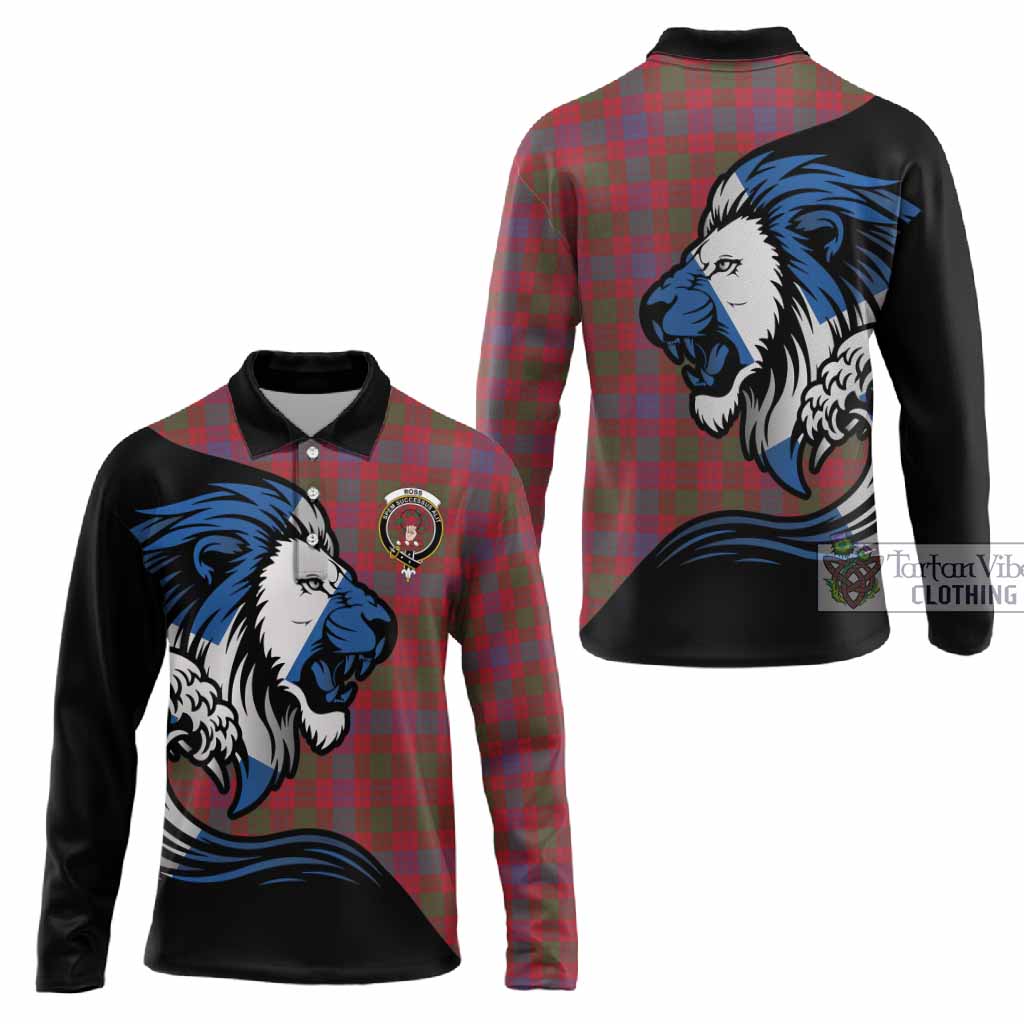 Ross Tartan Crest Long Sleeve Polo Shirt Scottish Golden Lions Wave Flow
