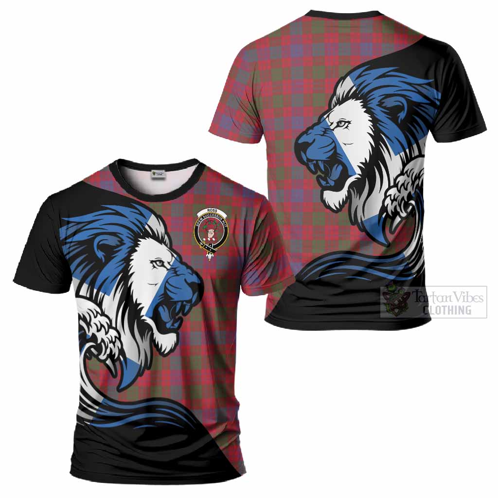 Ross Tartan Crest T-Shirt Scottish Golden Lions Wave Flow