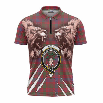 Ross Tartan Crest Zipper Polo Shirt Ferocious Lion Style