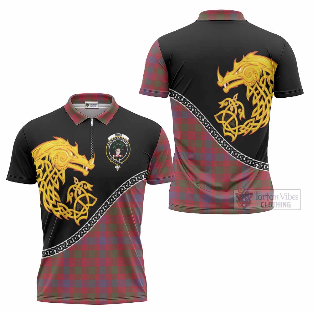 Ross Tartan Crest Zipper Polo Shirt Legendary Dragon Knot Half Style