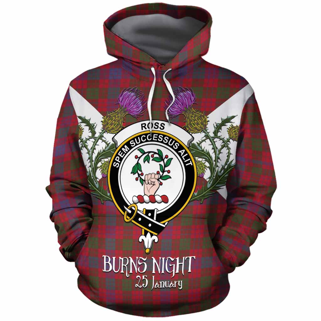 Ross Tartan Family Crest Cotton Hoodie Scottish Burns Night Thistle Floral