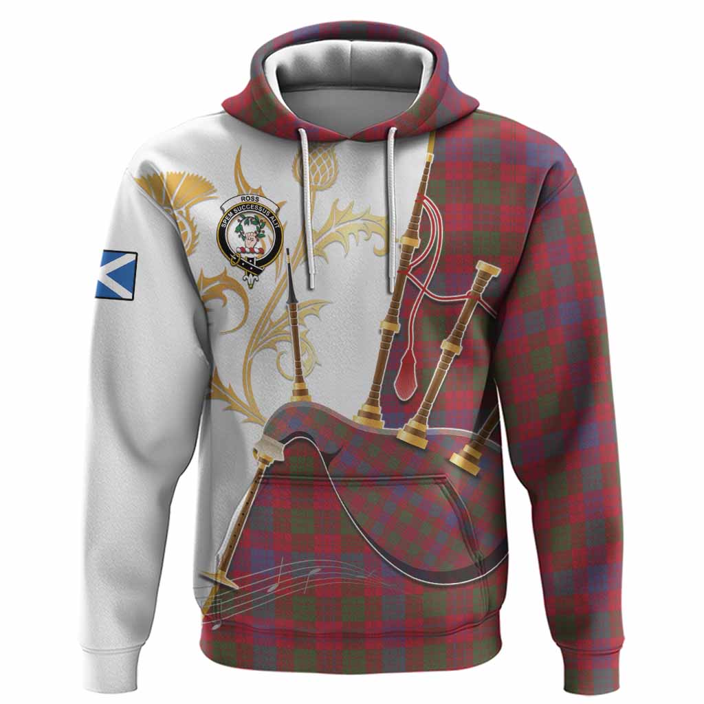 Ross Tartan Family Crest Hoodie Bagpipes with Scottish Thistle