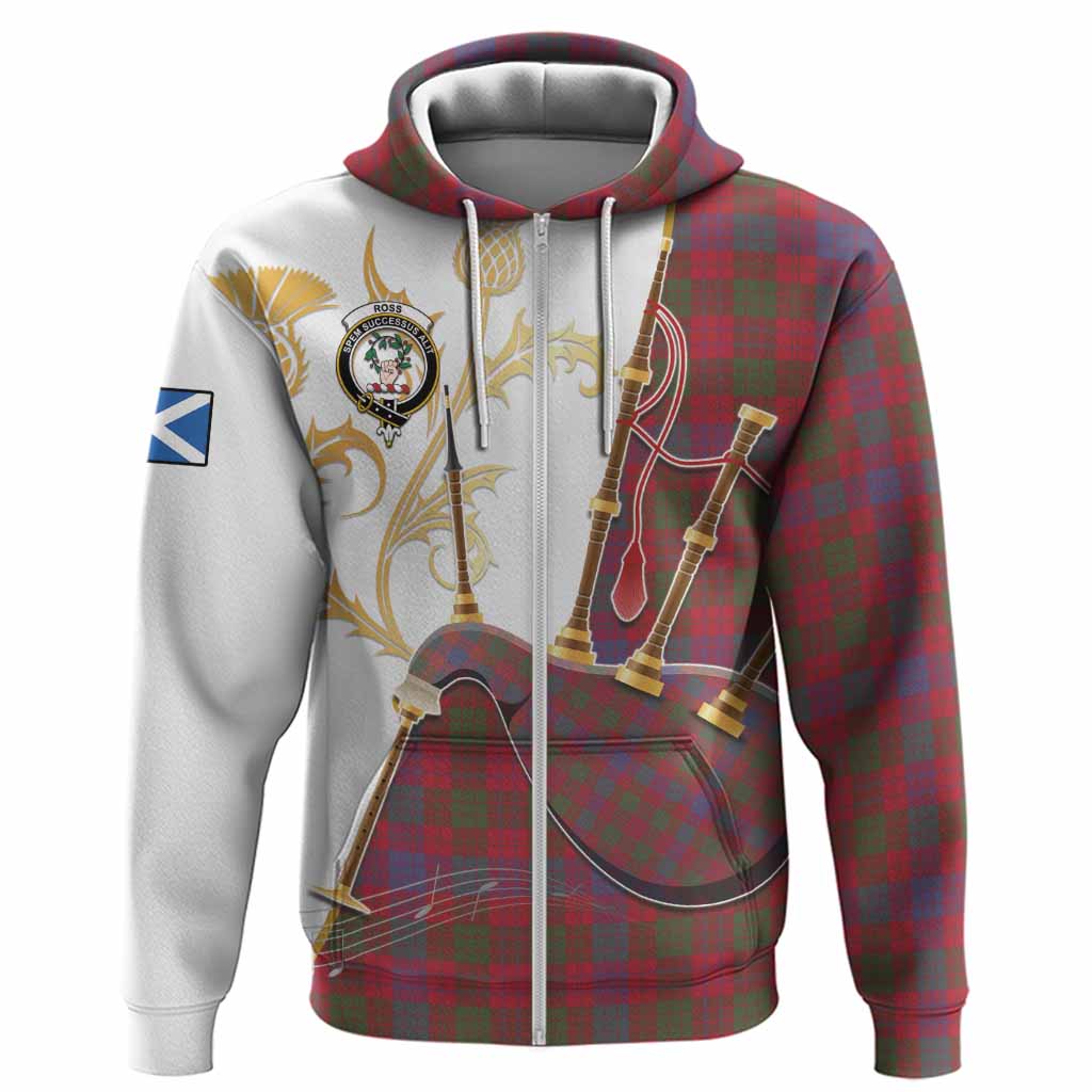 Ross Tartan Family Crest Hoodie Bagpipes with Scottish Thistle