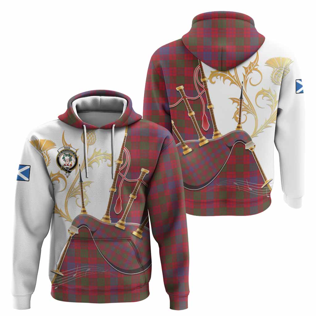 Ross Tartan Family Crest Hoodie Bagpipes with Scottish Thistle