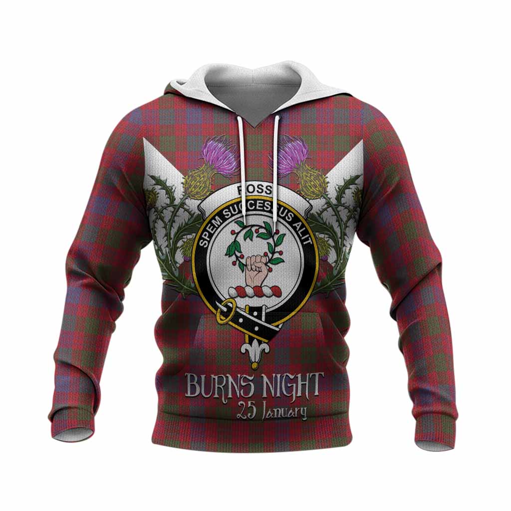 Ross Tartan Family Crest Knitted Hoodie Scottish Burns Night Thistle Floral