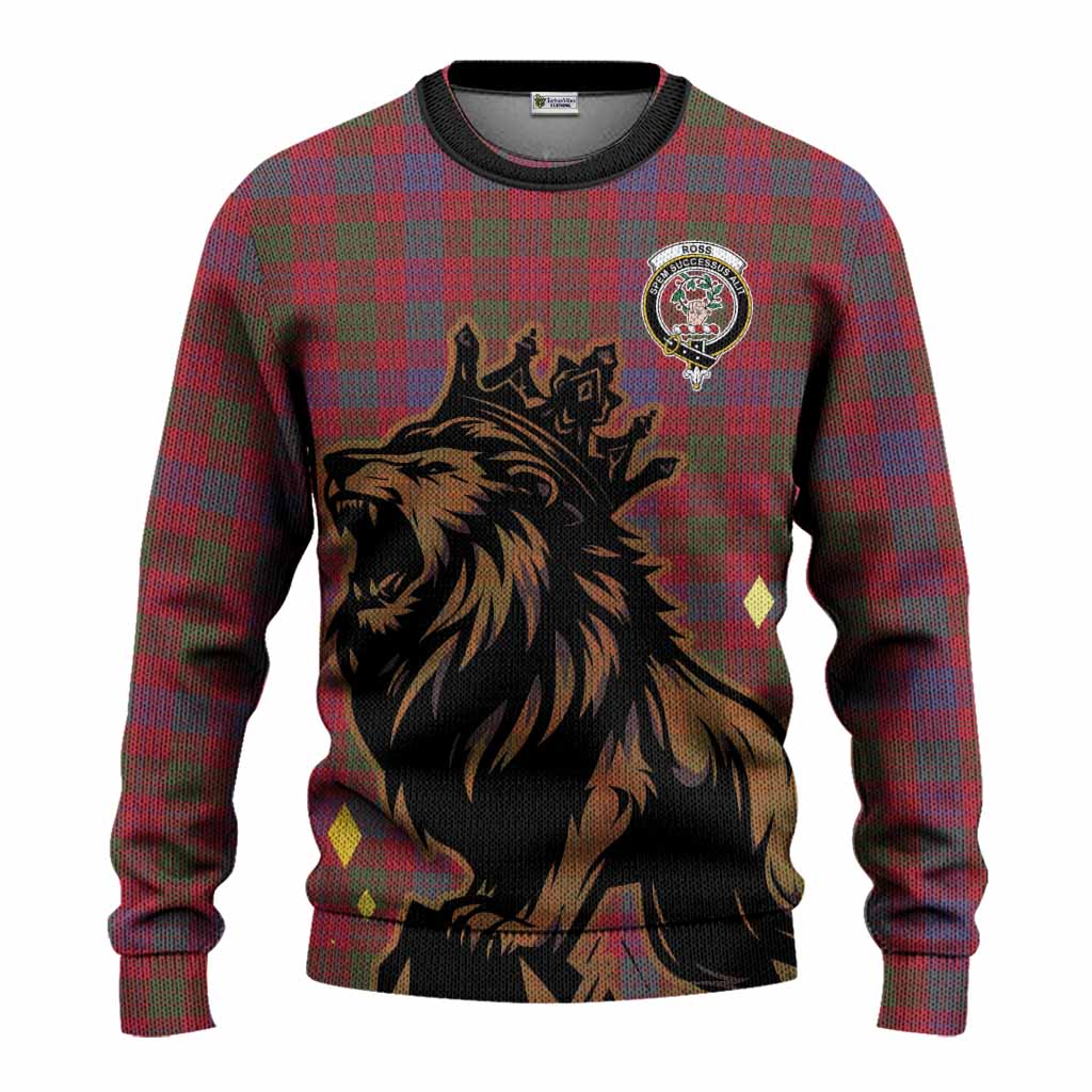 Ross Tartan Family Crest Knitted Sweater Crowned Lion Roaring