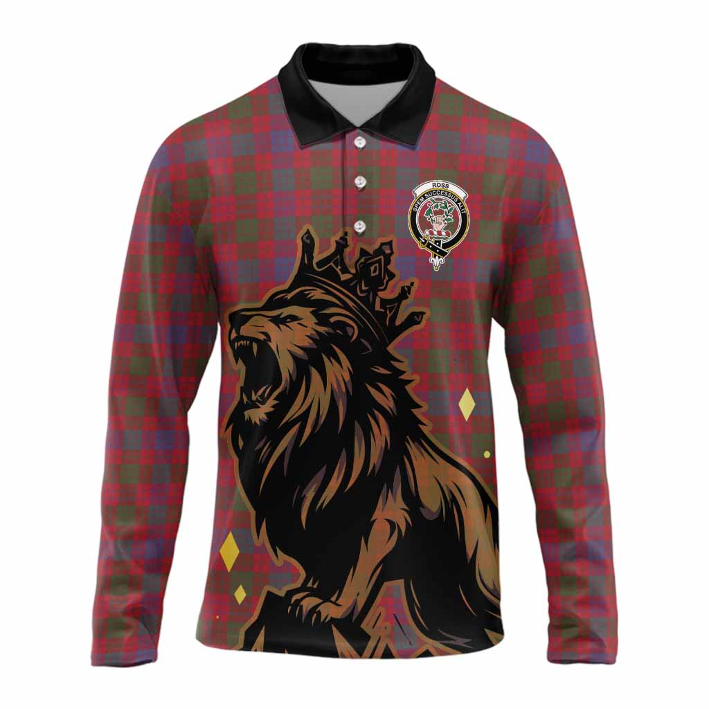Ross Tartan Family Crest Long Sleeve Polo Shirt Crowned Lion Roaring