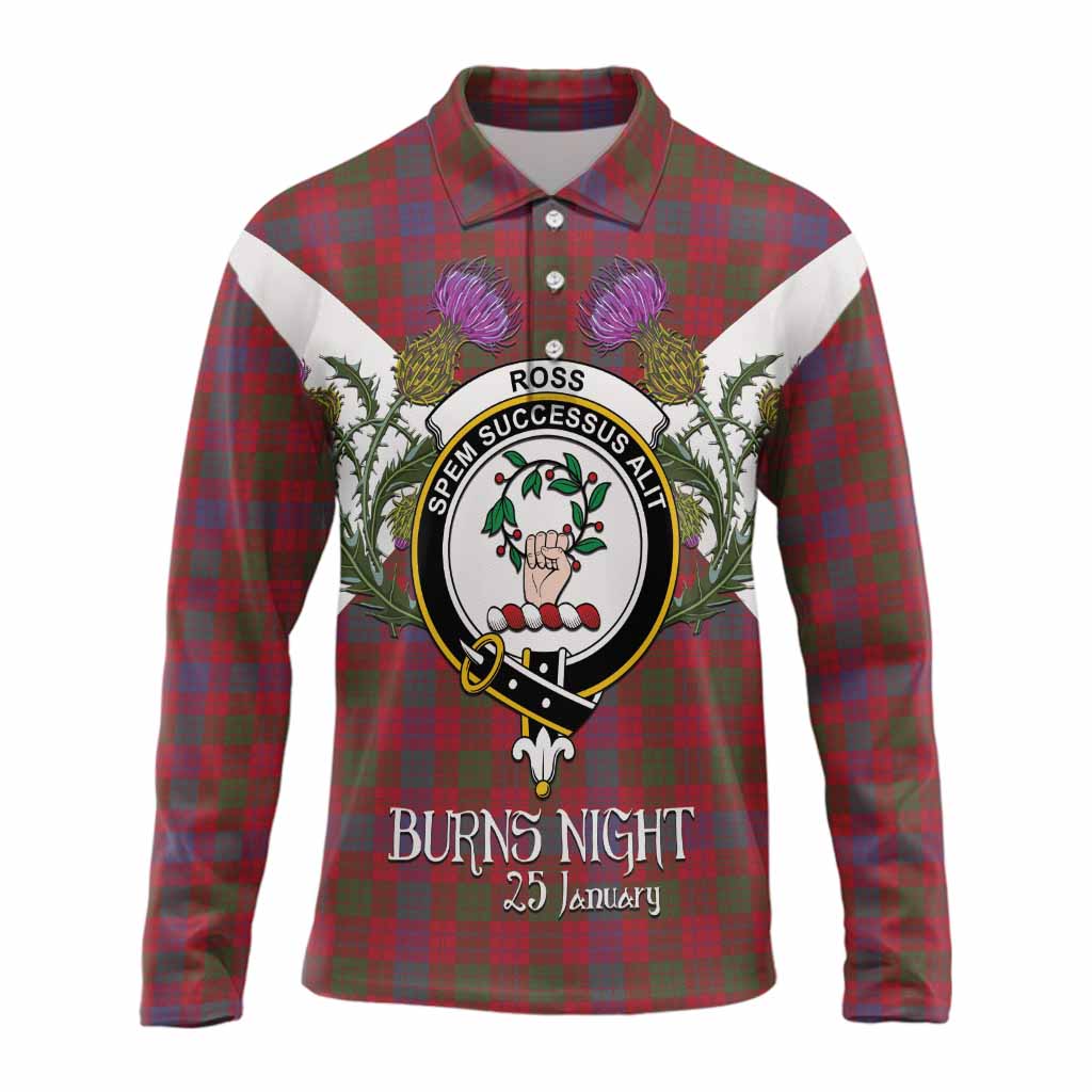 Ross Tartan Family Crest Long Sleeve Polo Shirt Scottish Burns Night Thistle Floral