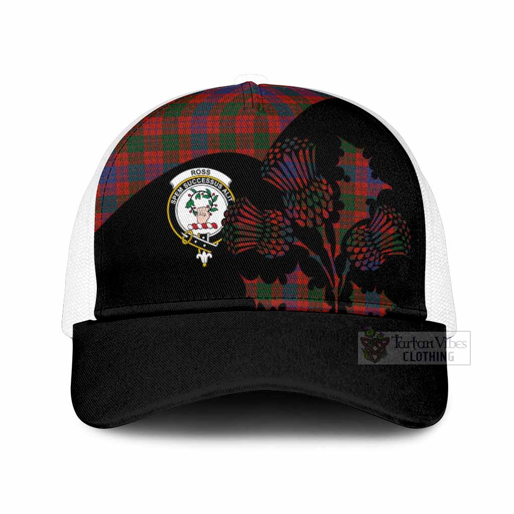 Ross Tartan Family Crest Mesh Trucker Cap Scotland Thistle Floral Flag Style
