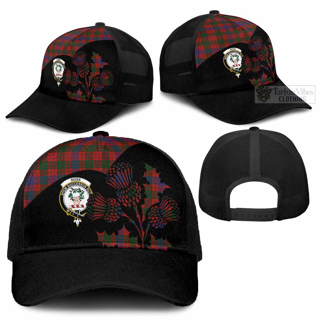 Ross Tartan Family Crest Mesh Trucker Cap Scotland Thistle Floral Flag Style