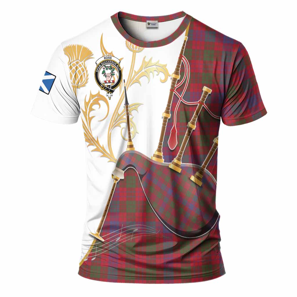 Ross Tartan Family Crest T-Shirt Bagpipes with Scottish Thistle