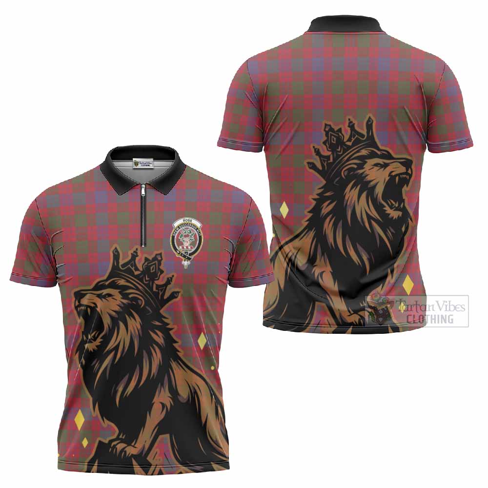Ross Tartan Family Crest Zipper Polo Shirt Crowned Lion Roaring