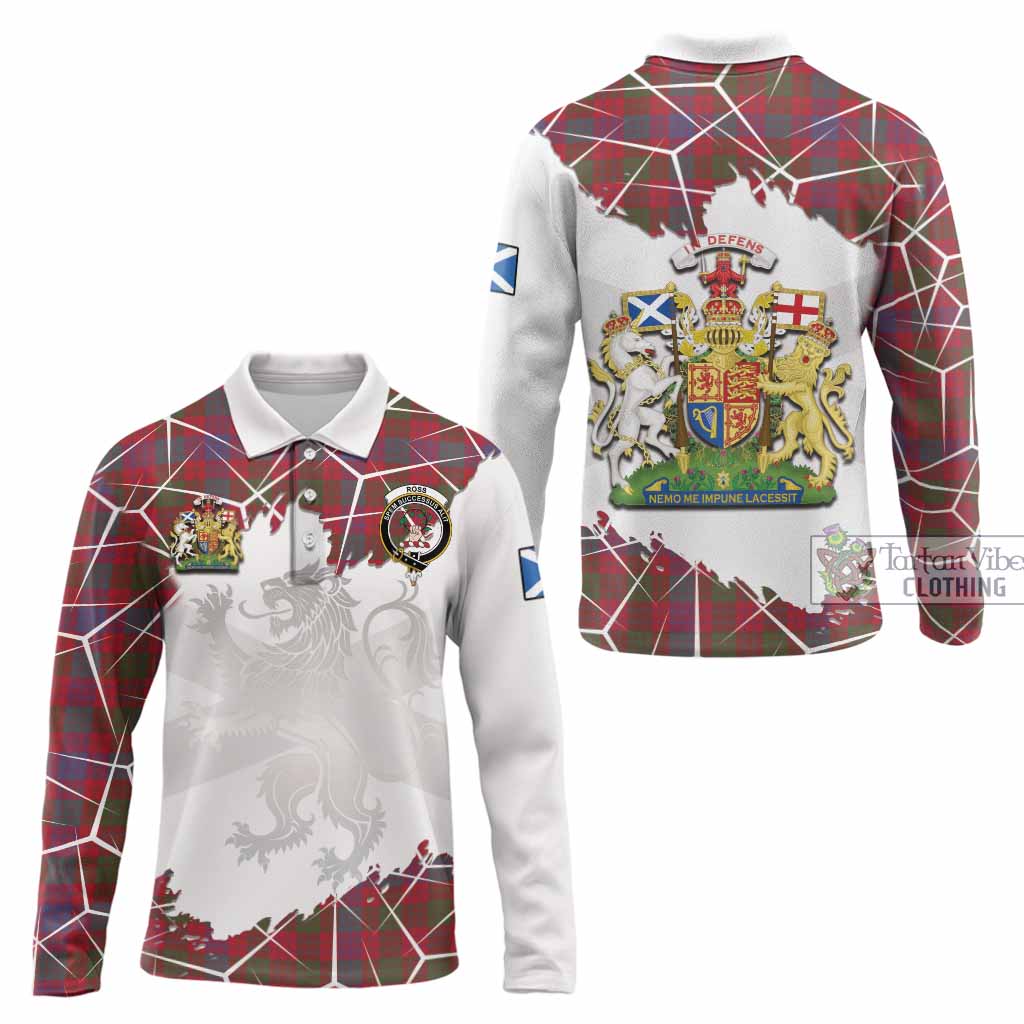 Ross Tartan Long Sleeve Polo Shirt with Family Crest and Lion Rampant Grunge Style