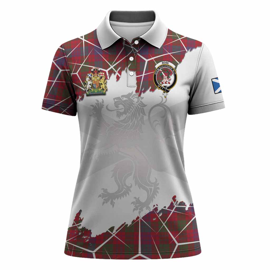 Ross Tartan Women Polo Shirt with Family Crest and Lion Rampant Grunge Style