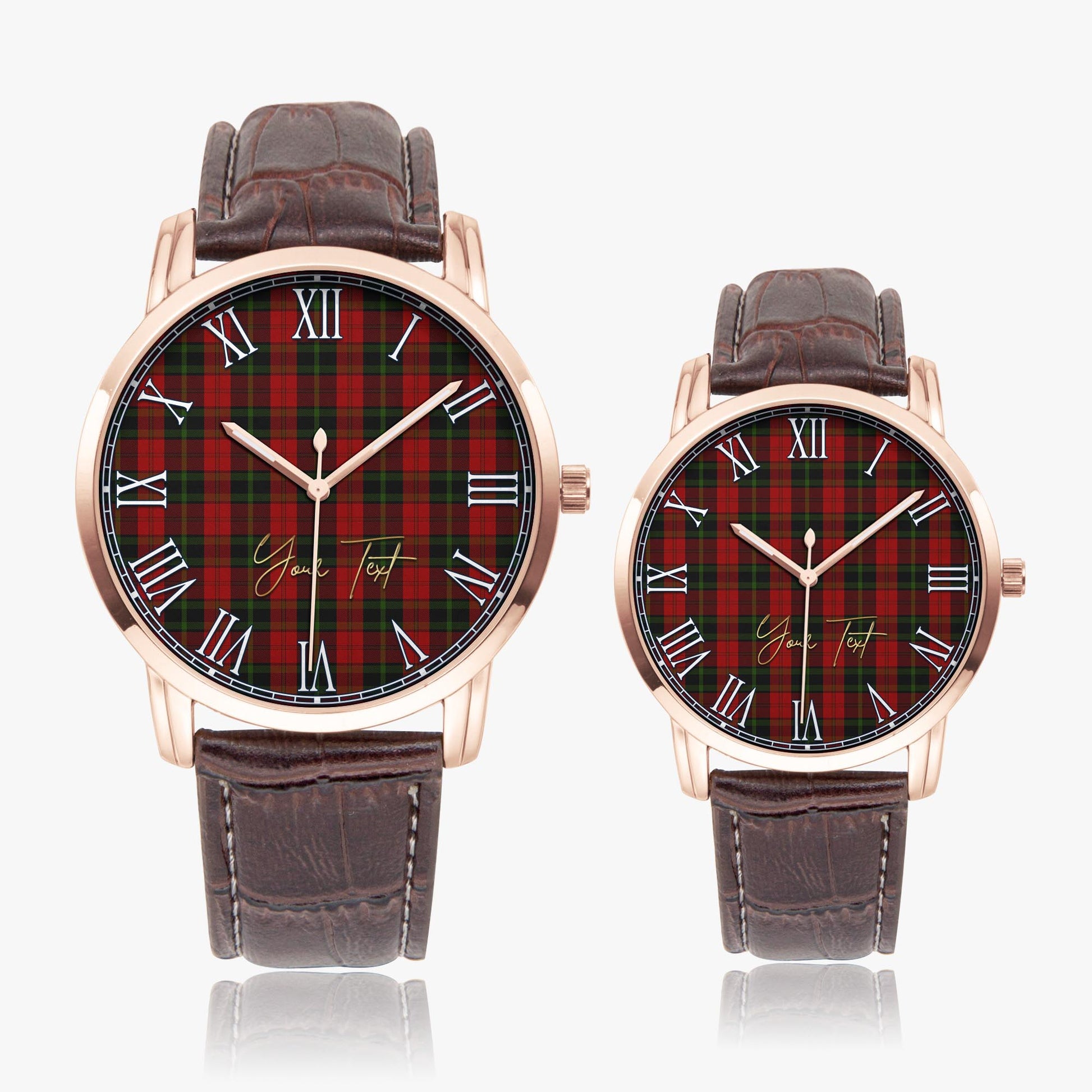 Rosser of Wales Tartan Personalized Your Text Leather Trap Quartz Watch Wide Type Rose Gold Case With Brown Leather Strap - Tartanvibesclothing