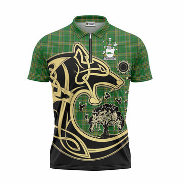 Rossiter Irish Tartan Zipper Polo Shirt with Coat of Arms Celtic Wolf Style Unisex - Tartan Vibes Clothing