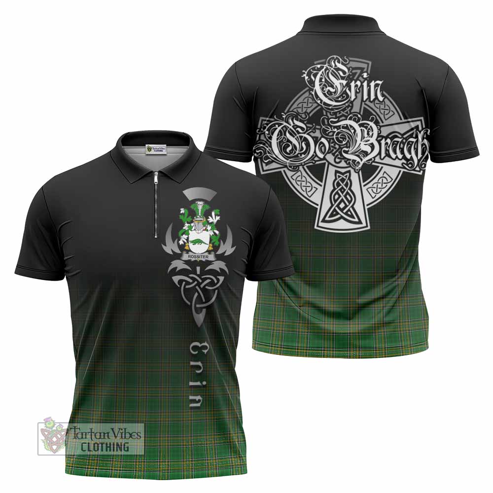 Tartan Vibes Clothing Rossiter Irish Clan Zipper Polo Shirt with Coat of Arms Erin Go Bragh Celtic Inspired