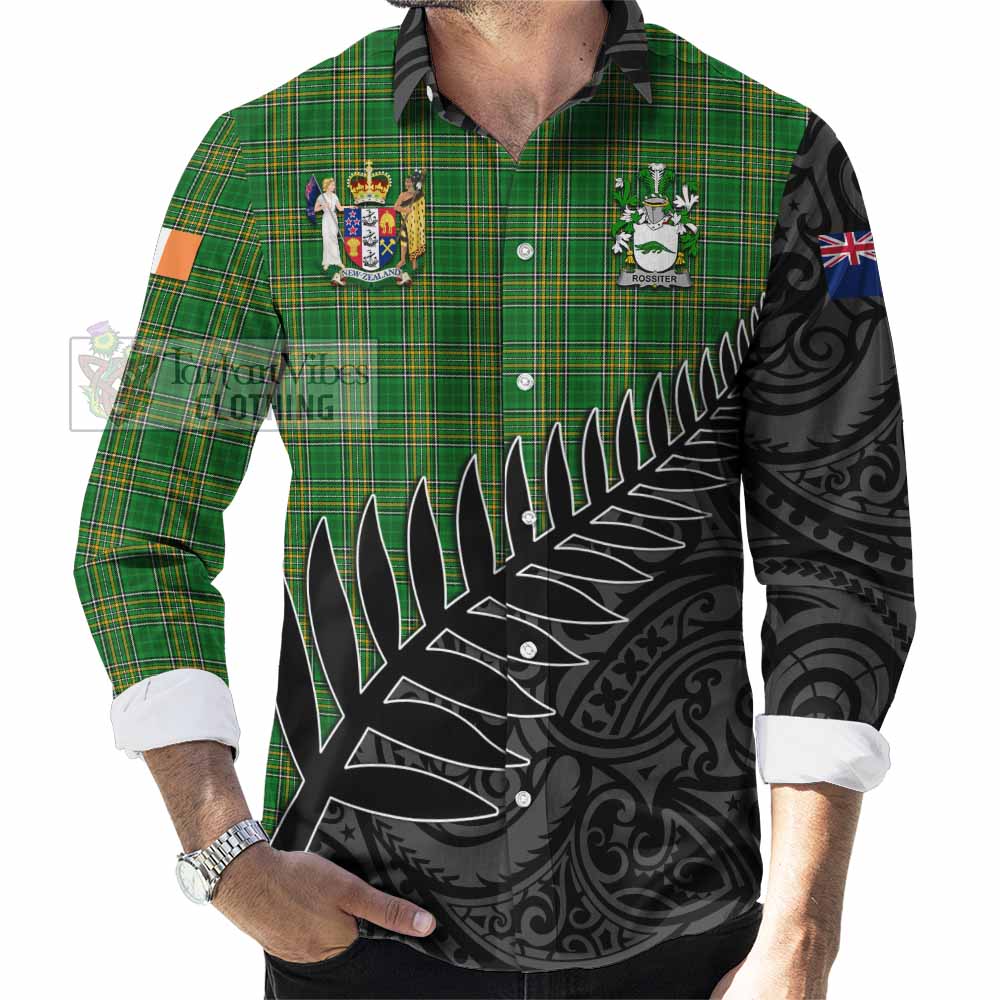 Tartan Vibes Clothing Rossiter Irish Clan Tartan Long Sleeve Button Shirt with Coat of Arms New Zealand Silver Fern Half Style