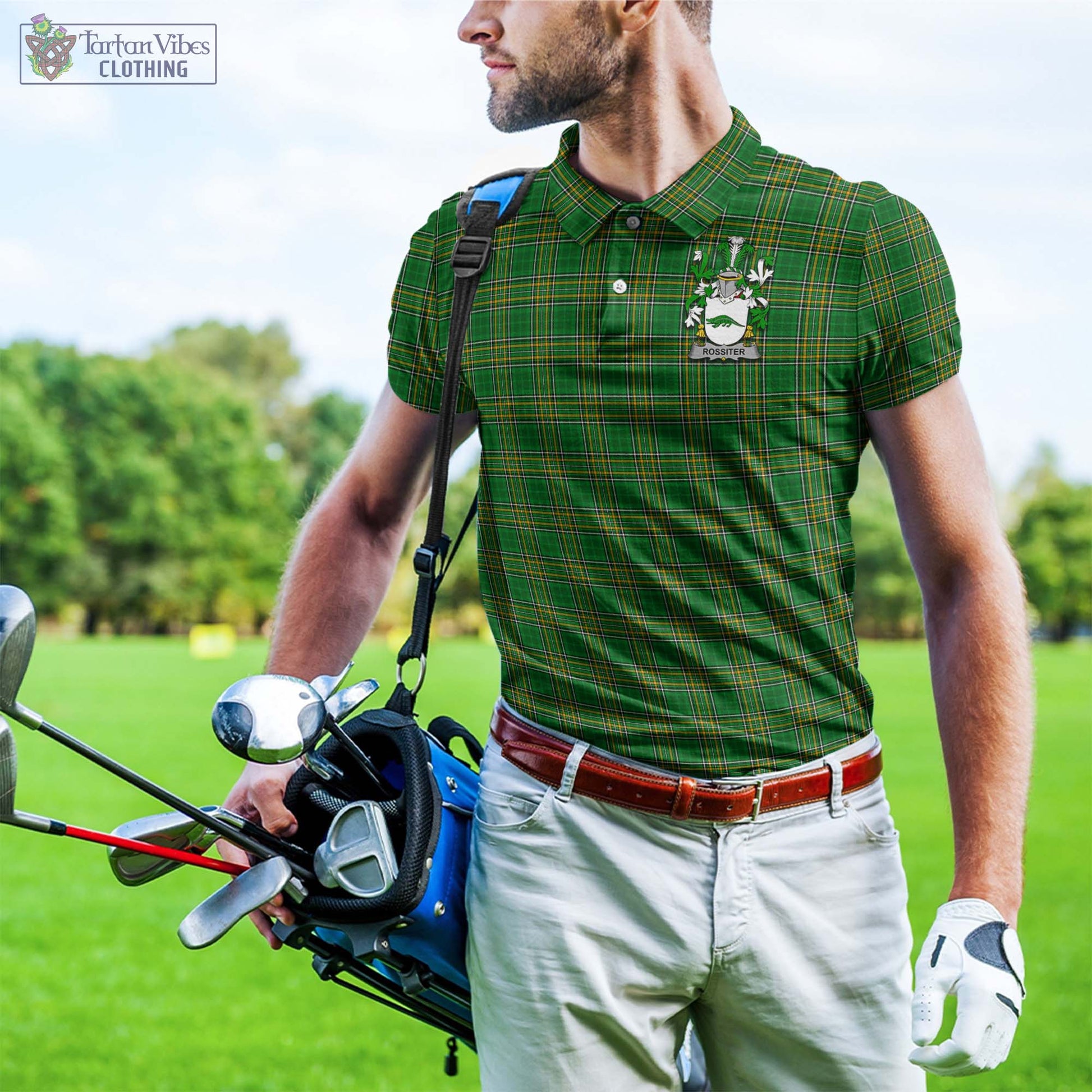 Tartan Vibes Clothing Rossiter Ireland Clan Tartan Polo Shirt with Coat of Arms